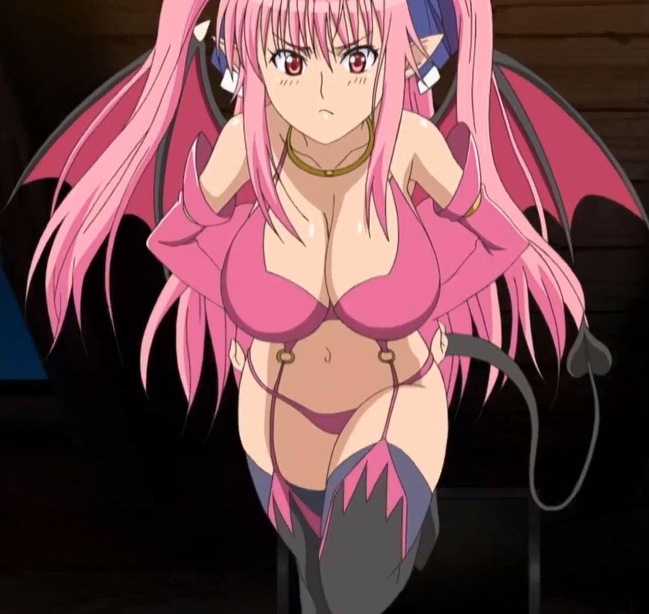 1girl anime bangs big_breasts blush bra breasts cleavage demon_wings elbow_gloves floating hand_on_hip hentai huge_breasts ijuin_serena jewelry lingerie navel necklace panties pink_bra pink_eyes pink_hair pink_panties pointy_ears tail thigh_high_boots thighs twin_tails vampire_(ova) wings