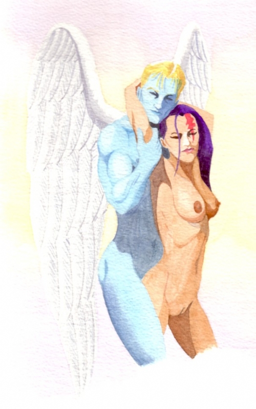 1boy 1girl angel_(x-men) archangel blue_skin light-skinned_female light_skin male/female marvel nude psylocke x-men