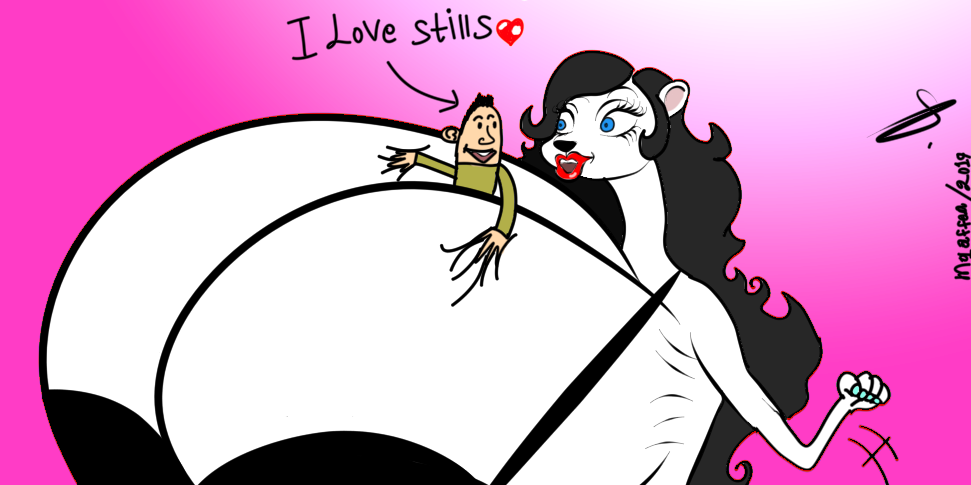 between_breasts big_breasts black_hair black_nose blue_eyes flower_weasel furry huge_breasts human massive_breasts mink moqaffaa original size_difference weasel white_skin