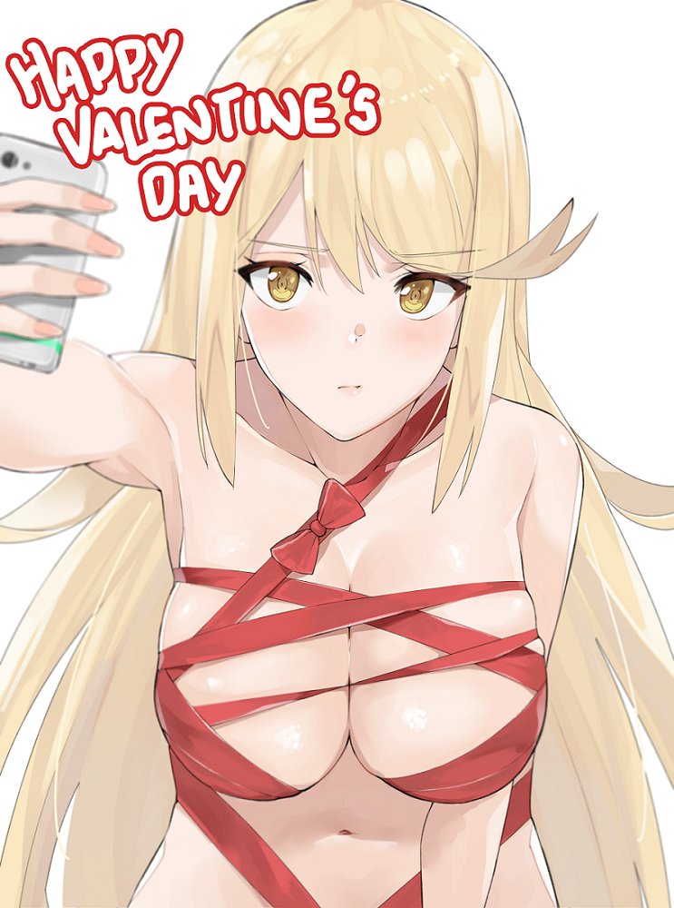 1girl alluring bangs bare_shoulders big_breasts blonde_hair blush breasts cleavage covered_nipples holding holding_phone j@ck long_hair looking_at_viewer mythra naked_ribbon nintendo nude phone ribbon selfie selfpic simple_background swept_bangs valentine's_day xenoblade xenoblade_(series) xenoblade_chronicles_2 yellow_eyes