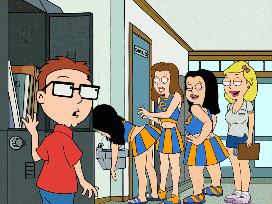 american_dad animated becky_arangino bent_over bouncing_breasts brother_and_sister cheerleader cheerleader_outfit cheerleader_uniform cheerleaders debbie_hyman funny gif guido_l hayley_smith incest lisa_silver school steve_smith voyeur walking