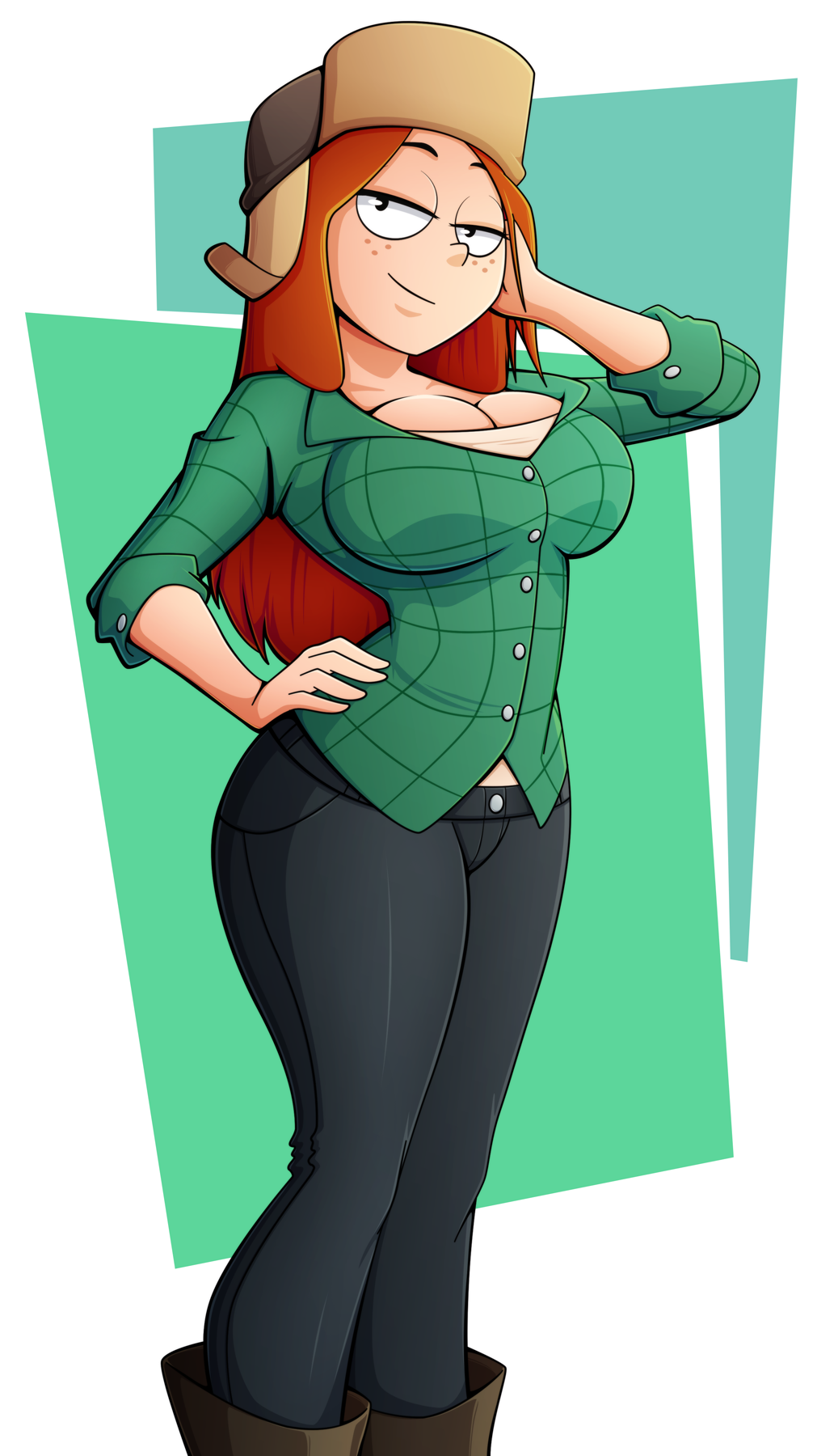 1girl bedroom_eyes big_breasts boots breasts cleavage female female_only freckles gravity_falls green_shirt hand_on_head hand_on_hip hat jeans large_breasts light-skinned_female light_skin looking_at_viewer ravenravenraven red_hair smile solo wendy_corduroy wide_hips