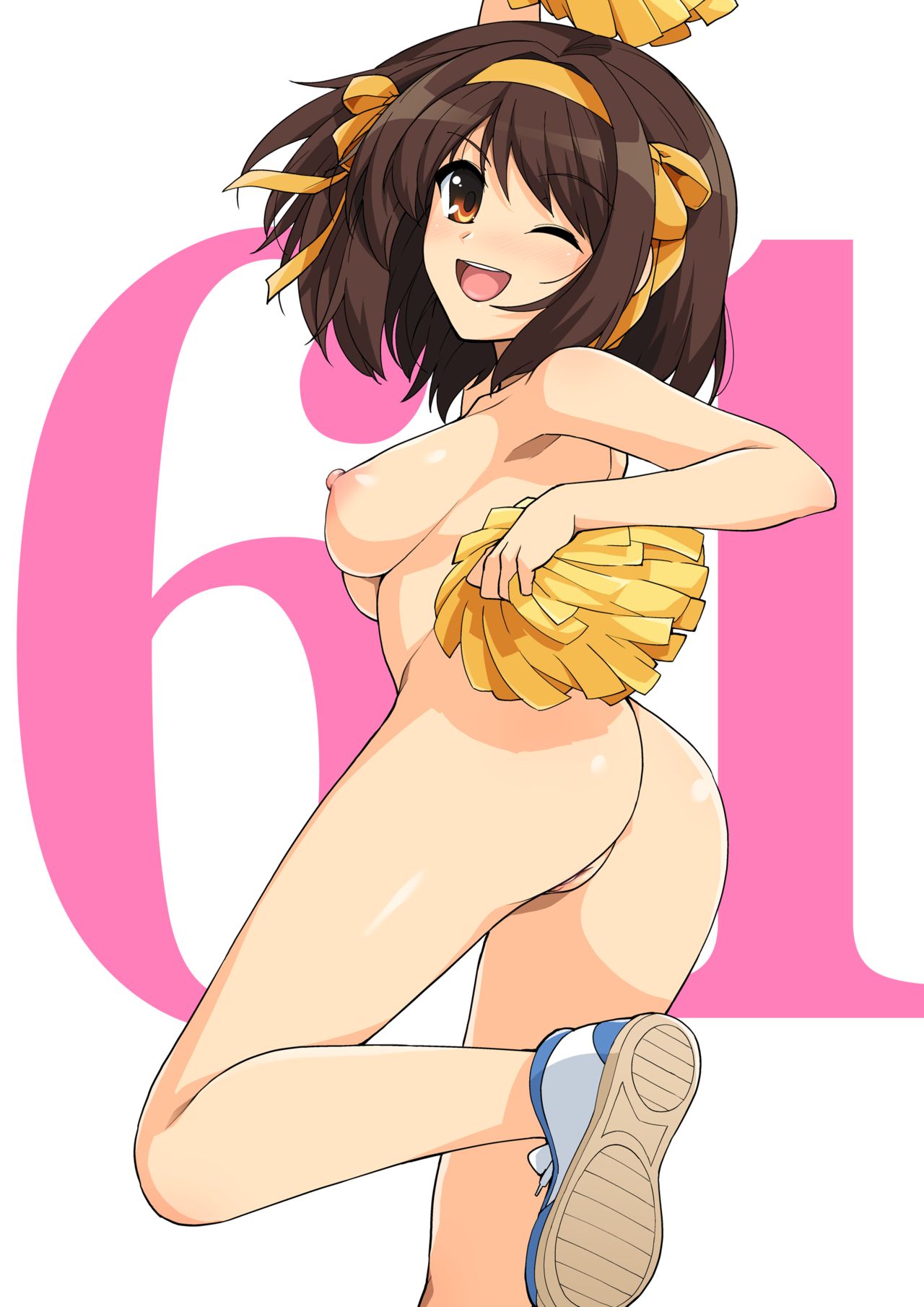 1girl 1girl 1girl ass bangs breasts brown_eyes brown_hair cheerleader eyebrows_visible_through_hair hair_ornament hairband haruhisky high_resolution holding looking_at_viewer looking_back medium_breasts nipples nude one_eye_closed open_mouth pom_poms pussy shiny shiny_hair shoes sideboob sport_shoes standing standing_on_one_leg suzumiya_haruhi suzumiya_haruhi_no_yuuutsu underwear wink