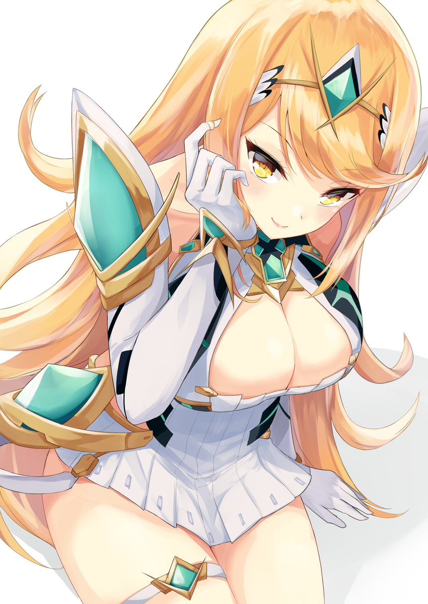 1girl alluring arm_support bangs big_breasts blonde_hair blush breasts cleavage cleavage_cutout gloves hair_ornament hand_up jewelry large_breasts long_hair looking_at_viewer mythra nintendo short_dress simple_background sitting smile swept_bangs thigh_strap thighs tiara white_dress xenoblade xenoblade_chronicles_2 yellow_eyes