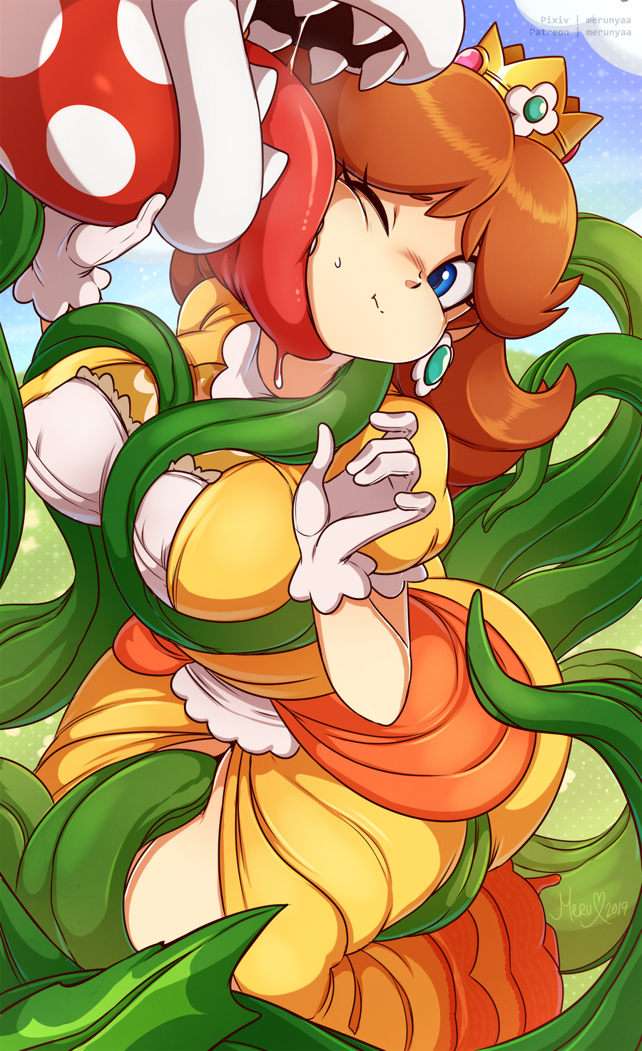 1girl clothed crown dress earrings female female_human gloves licking licking_face merunyaa piranha_plant plant princess_daisy super_mario_bros. tentacle tentacles_under_clothes vines white_gloves