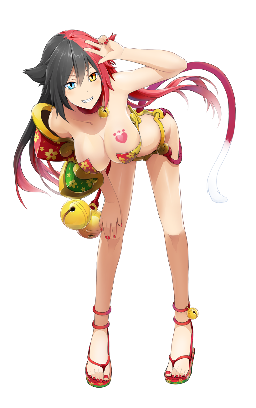 1girl animal_ears bangs bell bent_over big_breasts black_hair breasts cat_ears cat_tail cleavage collar fang full_body hair_between_eyes hanging_breasts heterochromia ibaraki_douji_(onigiri) large_breasts leaning_forward legs long_hair long_legs looking_at_viewer multicolored_hair nail_polish navel official_art onigiri_(mmorpg) red_hair revealing_clothes slit_pupils tail tattoo teeth toes two_tone_hair