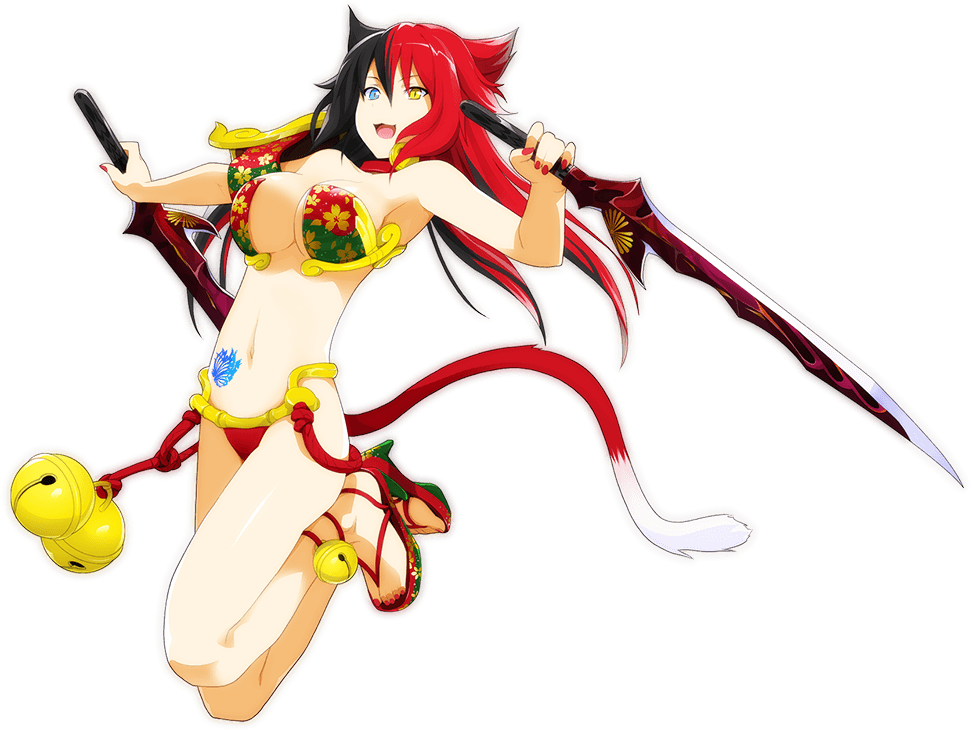 1girl animal_ears bell big_breasts black_hair breasts collar dual_wielding fang hair_between_eyes heterochromia high_heels ibaraki_douji_(onigiri) large_breasts legs multicolored_eyes multicolored_hair navel official_art onigiri_(mmorpg) open_mouth painted_nails red_hair revealing_clothes sword tail thighs transparent_background under_boob