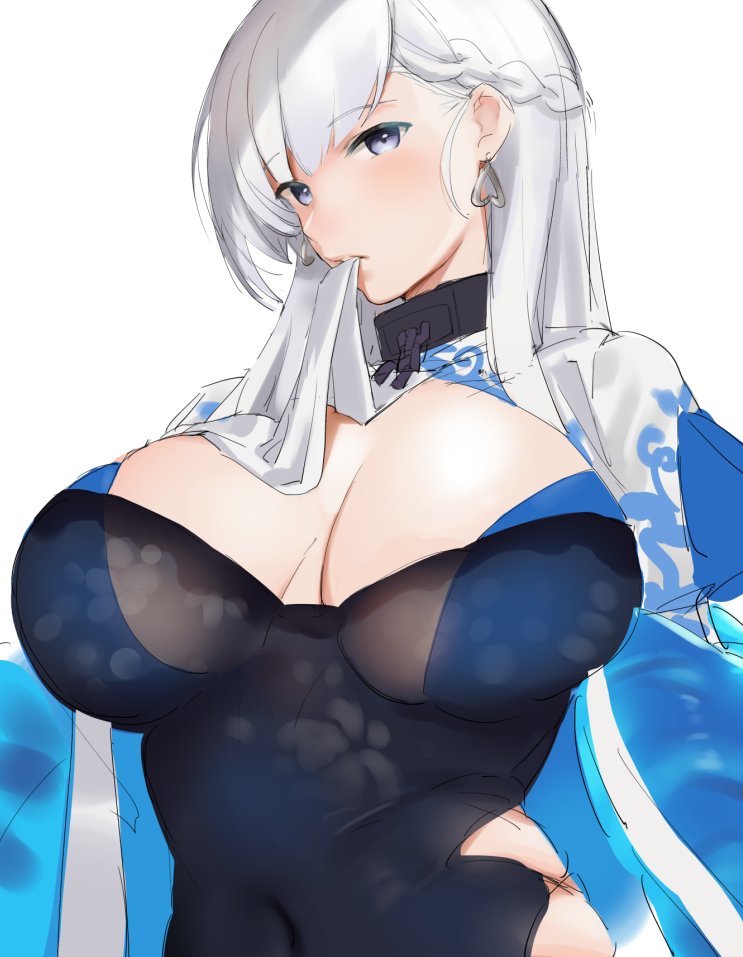 1girl alternate_costume azur_lane bangs belfast_(azur_lane) biting biting_clothes black_dress blue_eyes braid breasts chains chinese_clothes cleavage cleavage_cutout collar covered_navel dress earrings french_braid jewelry large_breasts looking_at_viewer see-through silver_hair