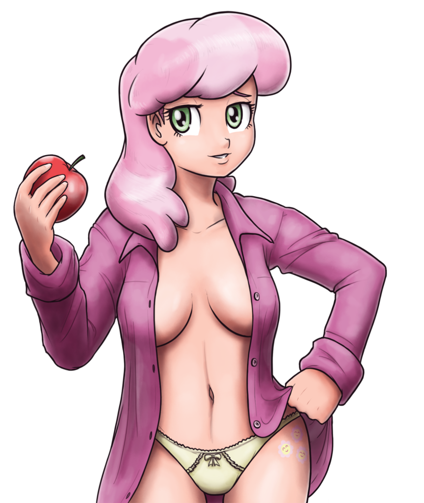 1girl apple breasts cheerilee female female_human female_only food friendship_is_magic fruit green_eyes hand_on_hip humanized my_little_pony no_bra panties partially_clothed shirt solo transparent_background unbuttoned unbuttoned_shirt