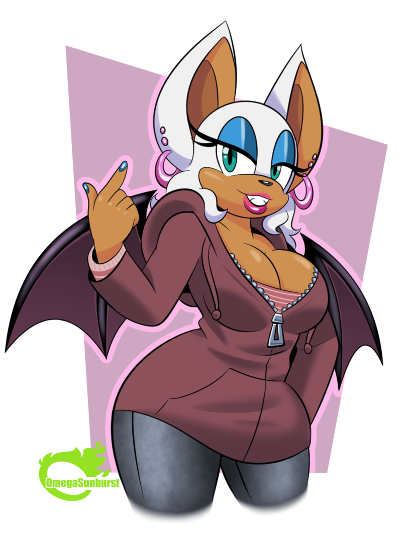 1girl animal_ears anthro bat_wings blue_eyes blue_nipples breasts cleavage earrings furry hand_on_hip hoodie jeans jewelry large_breasts lipstick long_sleeves looking_at_viewer makeup mascara nail_polish omegasunburst painted_nails parted_lips rouge_the_bat sega smile wings