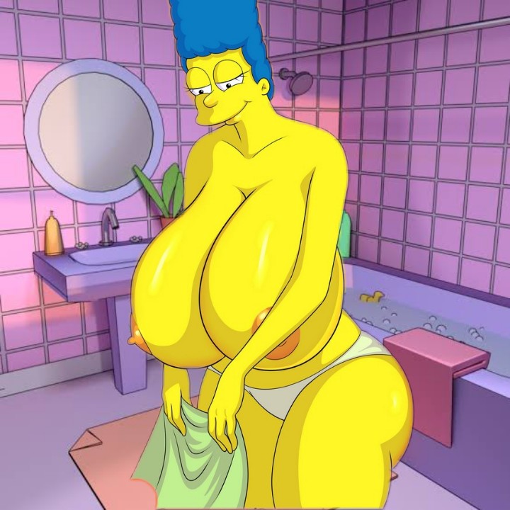 bathroom big_breasts blue_hair huge_breasts marge_simpson milf milf the_simpsons yellow_skin