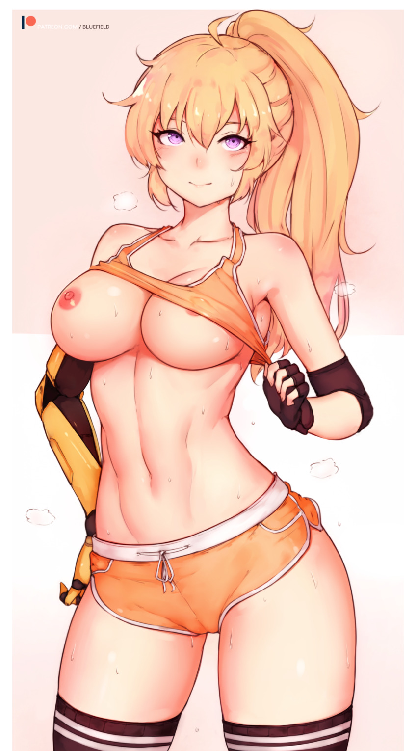 1girl 1girl abs archway_of_venus artist_name bangs bare_shoulders black_gloves blonde bluefield blush breasts cameltoe cleavage fingerless_gloves gloves hand_on_hip high_resolution long_hair navel ponytail purple_eyes rwby shorts simple_background stockings sweat tied_hair yang_xiao_long
