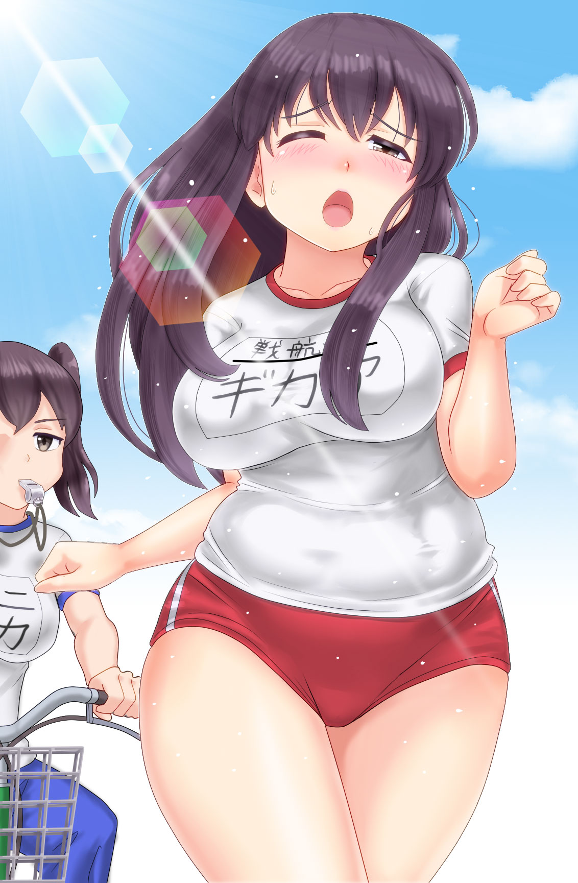 2girls akagi_(kantai_collection) arms_up bicycle black_hair blue_pants blue_sky blush bouncing_breasts breasts brown_eyes buruma closed_eyes gym_uniform head_tilt kaga_(kantai_collection) kantai_collection large_breasts lens_flare long_hair looking_at_another mouth_hold multiple_girls one_eye_closed open_mouth outside riding running shirt short_shorts shorts side_ponytail sweat thick_thighs thighs track_pants very_long_hair whistle