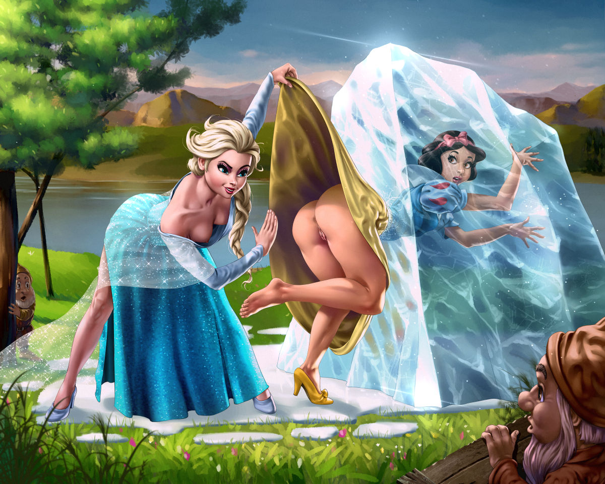 2_girls 2girls ass ass_slap assisted_exposure bent_over black_hair blonde_hair braid clothed crossover disney dress dress_lift dwarf elsa elsa_(frozen) frozen_(movie) high_heels no_panties outdoor outside princess_snow_white pussy snow_white_and_the_seven_dwarfs spanking