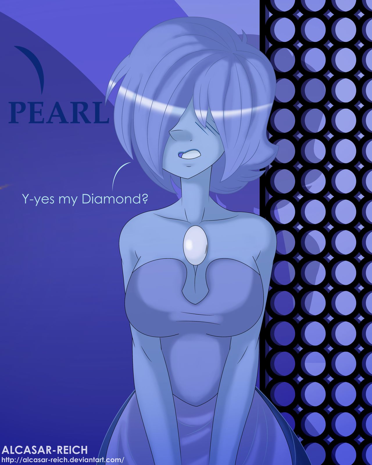1girl alcasar-reich bare_shoulders big_breasts blue_dress blue_hair blue_pearl blue_skin blush breasts chest_jewel cleavage dialogue dress female_only gem hair_over_eyes short_hair steven_universe teeth wince