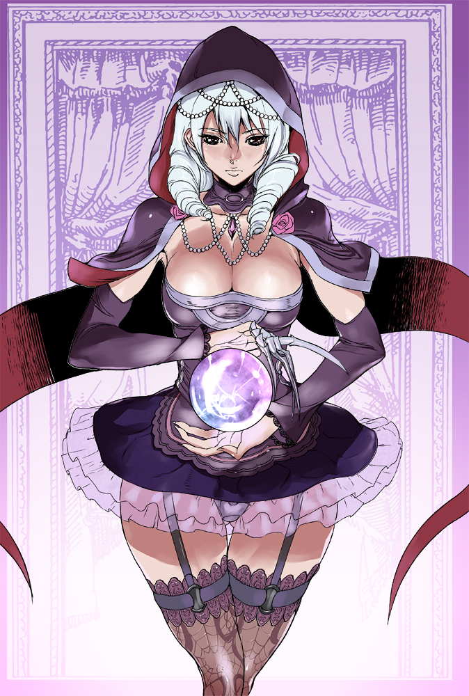 1girl alluring ashiomi_masato big_breasts black_panties breasts cape claw_(weapon) claws cleavage detached_sleeves drill_hair female_focus frilled_skirt frills garter_straps gothic_lolita hip_focus hood jewelry legs lolita_fashion miniskirt necklace orb panties pantyshot pearl_(gemstone) project_soul skirt soul_calibur soul_calibur_v stockings thigh_gap thighs underwear upskirt viola_(soul_calibur) viola_(soulcalibur) weapon white_hair wide_hips