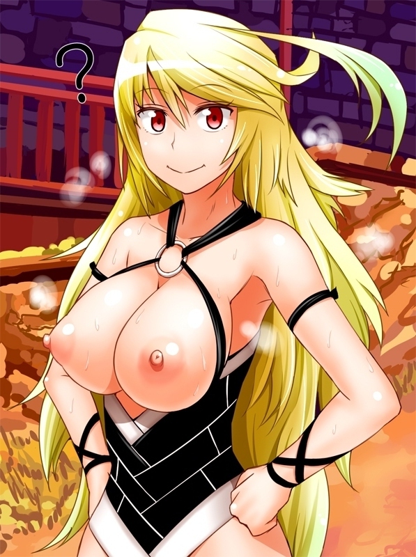 1girl 1girl 1girl ? ahoge big_breasts blonde blush breastless_clothing breasts female_only female_solo hands_on_hips long_hair looking_at_viewer milla_maxwell nipples partially_clothed red_eyes smile sweat taguchi_takahiro tales_of_(series) tales_of_xillia