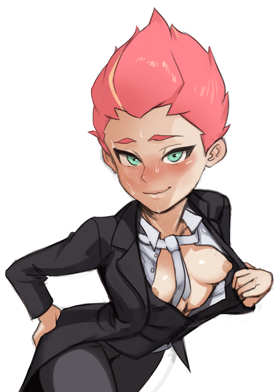 1girl 1girl 1girl amanda_o'neill breasts crossdressing flashing formal green_eyes hand_on_ass high_resolution little_witch_academia multicolored_hair neck_tie nipples orange_hair polyle red_hair reverse_trap suit tailcoat tomboy two-tone_hair