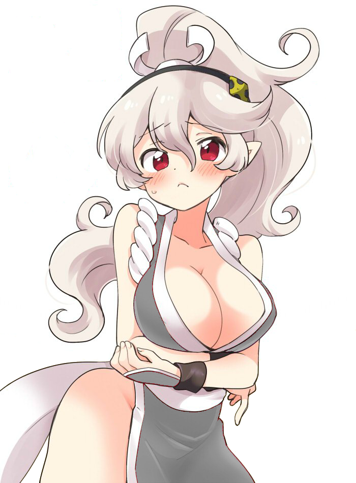 1girl 1girl alternate_hairstyle arms_under_breasts bare_shoulders big_breasts blush breasts can't_be_this_cute cleavage corrin_(fire_emblem) corrin_(fire_emblem)_(female) cosplay eromame fatal_fury fire_emblem fire_emblem_fates hair_between_eyes hair_ornament hairband japanese_clothes long_hair looking_at_viewer nintendo no_bra no_panties pelvic_curtain pointy_ears ponytail red_eyes revealing_clothes sash shiranui_mai shiranui_mai_(cosplay) silver_hair standing super_smash_bros. the_king_of_fighters white_background