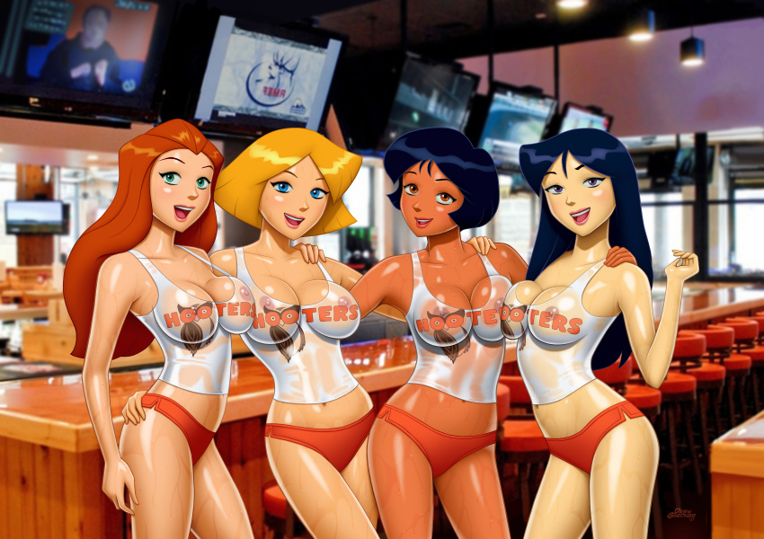 4_girls 4girls alex_(totally_spies) areola big_breasts breasts britney_(totally_spies) cleavage clover_(totally_spies) drew_gardner_(artist) female_only hooters multiple_girls nipples older older_female sam_(totally_spies) see-through teen totally_spies wet wet_clothes wet_shirt young_adult young_adult_female young_adult_woman