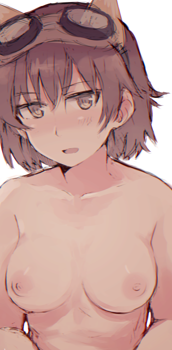 1girl 1girl 1girl animal_ears blush breasts brown_eyes brown_hair clavicle goggles goggles_on_head katou_keiko medium_breasts nipples nude ohashi_(hashidate) open_mouth short_hair sketch upper_body world_witches_series