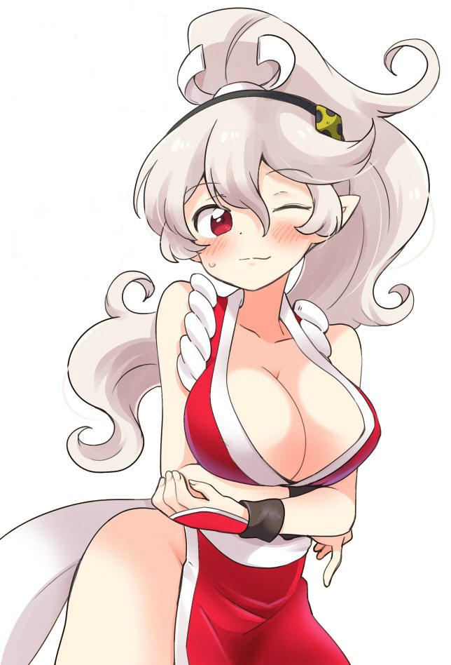 1girl alternate_hairstyle arms_under_breasts bare_shoulders blush breasts can't_be_this_cute cleavage corrin_(fire_emblem) corrin_(fire_emblem)_(female) cosplay eromame fatal_fury fire_emblem fire_emblem_fates hair_between_eyes hair_ornament hairband japanese_clothes large_breasts long_hair looking_at_viewer nintendo no_bra no_panties one_eye_closed pelvic_curtain pointy_ears ponytail red_eyes revealing_clothes sash shiranui_mai shiranui_mai_(cosplay) silver_hair smile solo standing super_smash_bros. the_king_of_fighters white_background wink