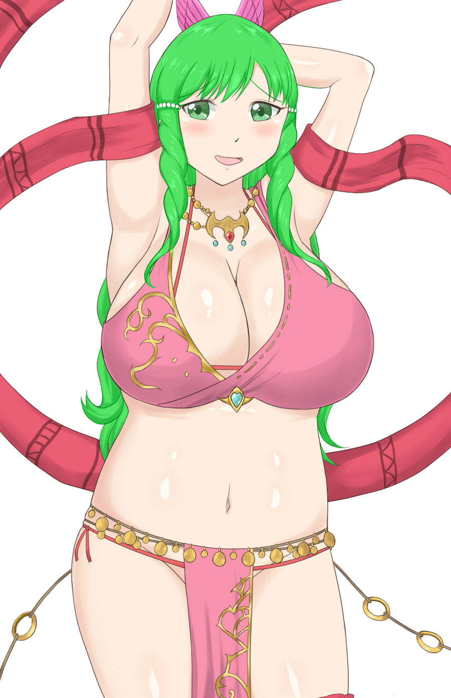 1girl 1girl big_breasts blush breasts cleavage cosplay embarrassed exhibitionism fire_emblem fire_emblem:_awakening fire_emblem:_genealogy_of_the_holy_war fire_emblem_heroes green_eyes green_hair hair_ornament high_res huge_breasts jewelry lene_(fire_emblem) lene_(fire_emblem)_(cosplay) long_hair looking_at_viewer midriff milf navel necklace nintendo open_mouth plump raigarasu revealing_clothes smile sumia tagme thick_thighs thighs third-party_edit