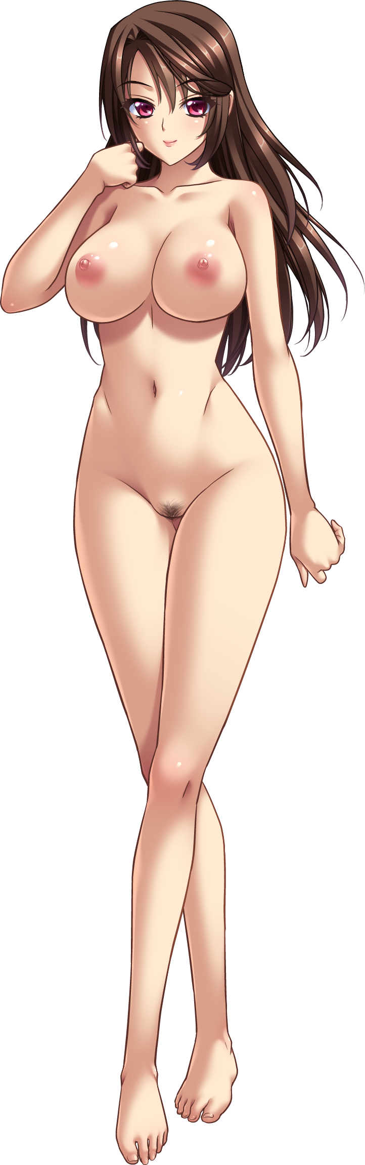 1_girl 1girl areola bangs barefoot blue_bow bow breasts brown_hair cleavage crossed_legs eyebrows_visible_through_hair feet female full_body hair_bow hair_ornament high_resolution light_smile long_hair long_image looking_at_viewer medium_breasts mizushima_oonari nipples nude official_art pink_eyes pubic_hair puffy_areolae purple_eyes pussy red_eyes ribbon shiny shiny_skin simple_background standing tall_image transparent_background uncensored yakata:_kannou_kitan zenouji_miki