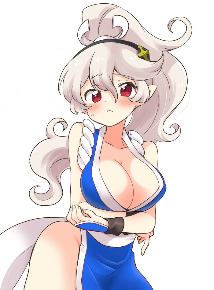 1girl 1girl alternate_hairstyle arms_under_breasts bare_shoulders big_breasts blush breasts can't_be_this_cute cleavage corrin_(fire_emblem) corrin_(fire_emblem)_(female) cosplay eromame fatal_fury fire_emblem fire_emblem_fates hair_between_eyes hair_ornament hairband japanese_clothes long_hair looking_at_viewer nintendo no_bra no_panties pelvic_curtain pointy_ears ponytail red_eyes revealing_clothes sash shiranui_mai shiranui_mai_(cosplay) silver_hair standing super_smash_bros. the_king_of_fighters white_background