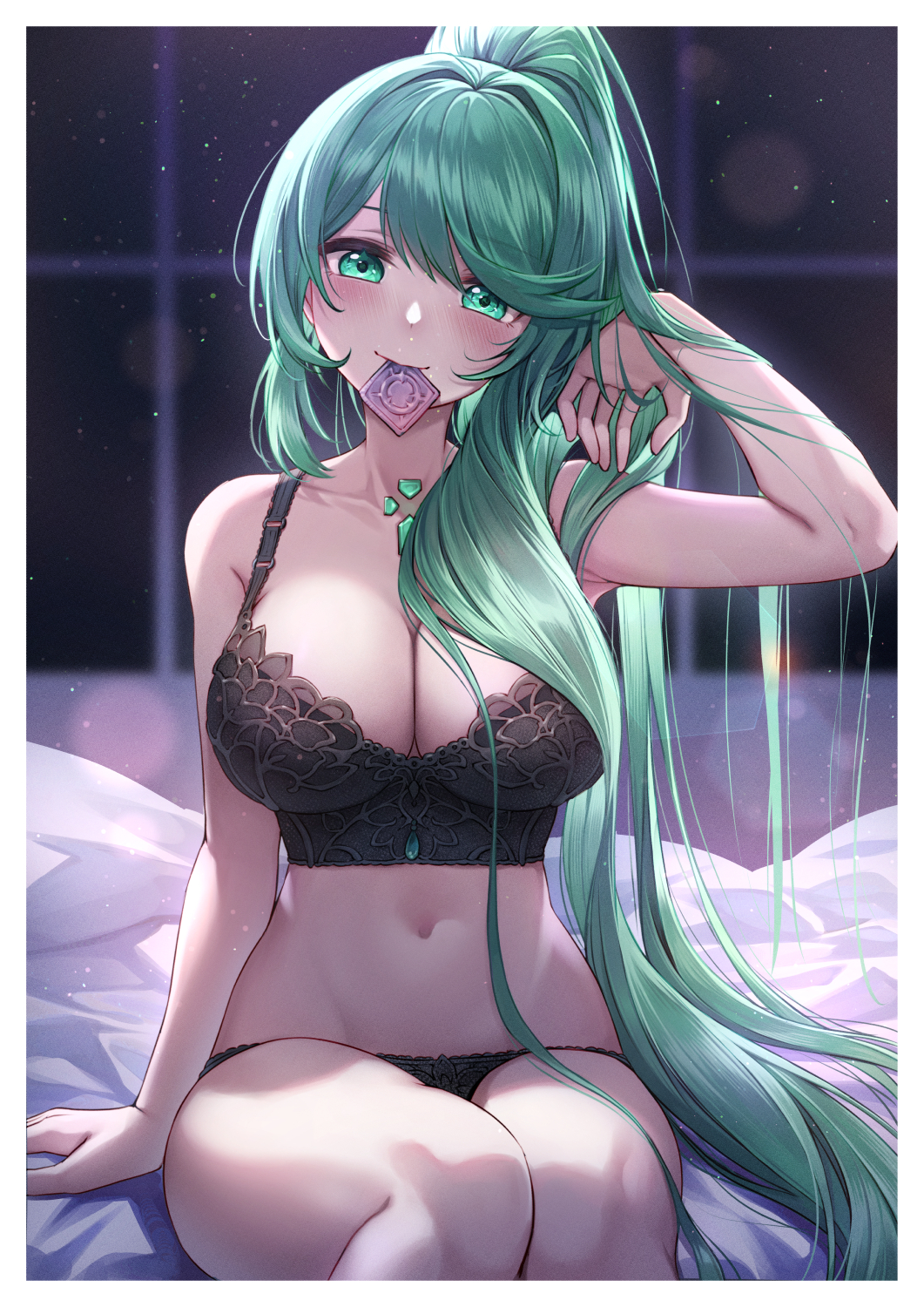 1girl adjusting_hair alluring bare_legs big_breasts black_bra black_panties blurry blurry_background bra breasts chest_jewel condom condom_in_mouth condom_wrapper core_crystal curry_bowl green_eyes green_hair high_ponytail high_res long_hair looking_at_viewer mouth_hold navel on_bed panties pneuma_(xenoblade) ponytail sitting smile swept_bangs underwear underwear_only very_long_hair xenoblade_(series) xenoblade_chronicles_2