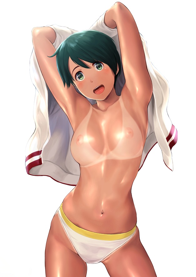 1girl 1girl 1girl armpits arms_up bangs blush breasts clavicle green_eyes green_hair hair_between_eyes kantai_collection looking_at_viewer medium_breasts mogami_(kantai_collection) navel nipples open_clothes open_mouth open_shirt shirt shirt_removed short_hair simple_background smile swept_bangs tan_line tanned topless wa_(genryusui) white_background white_bikini_bottom white_shirt