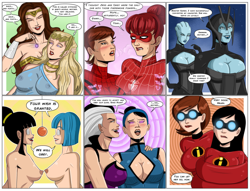 12girls alien amazon asari big_breasts black_hair blonde_hair blue_hair blue_skin blush bottomless breasts brown_hair bulma_brief chichi cleavage cleavage_cutout corruption cosplay crossover dc_comics dialogue disney dragon_ball edenian expressionless female female_only femdom femsub glowing glowing_eyes goggles happy_trance helen_parr hippolyta human hypnotic_accessory kitana liara_t'soni long_hair marvel marvel_comics mary_jane_watson mask mass_effect matriarch_benezia mortal_kombat mother_&amp;_daughter mother_and_daughter multicolored_hair multiple_girls nude open_mouth panels pheromones polmanning saliva short_hair sindel smile spider-girl spider-man_(series) spiral_eyes superheroine symbol_in_eyes tech_control text the_incredibles topless violet_parr voluptuous western white_hair whitewash_eyes wonder_woman yuri