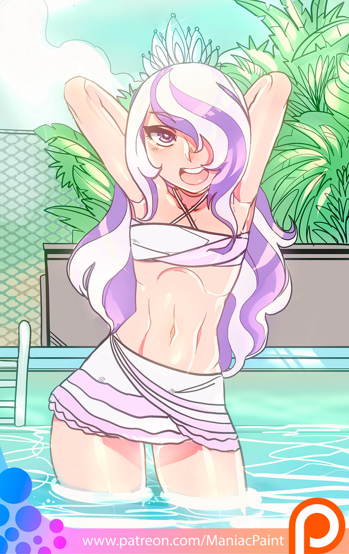 1girl 2016 abs armpits belly_button bikini clothes diamond_tiara_(mlp) female female_only friendship_is_magic hair_over_one_eye hands_behind_head humanized long_hair maniacpaint midriff my_little_pony navel open_mouth outdoor outside patreon small_breasts solo standing standing_in_water swimming_pool swimsuit tiara web_address web_address_with_path young