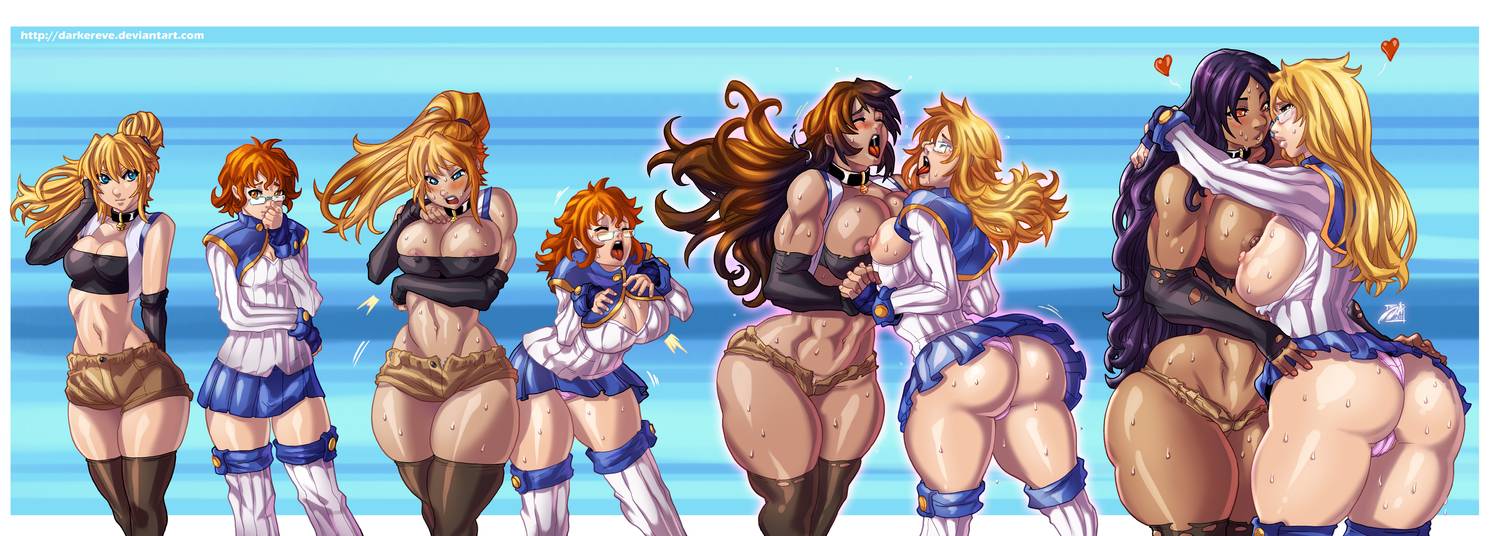 2_girls age_progression artist_request ass_expansion breast_expansion female_only huge_breasts oc sequence symmetrical_docking transformation yuri