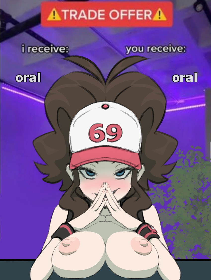 1girl 2021 69_(number) areola black_vest blue_eyes blush breasts breasts_on_table breasts_out brown_hair english_text female_focus female_only grin hat high_res hilda_(pokemon) huge_breasts indoors large_areolae long_hair long_ponytail looking_back meme myahogao nintendo nipples pokemon pokemon_bw ponytail puffy_nipples smile text trade_offer white_hat wristband
