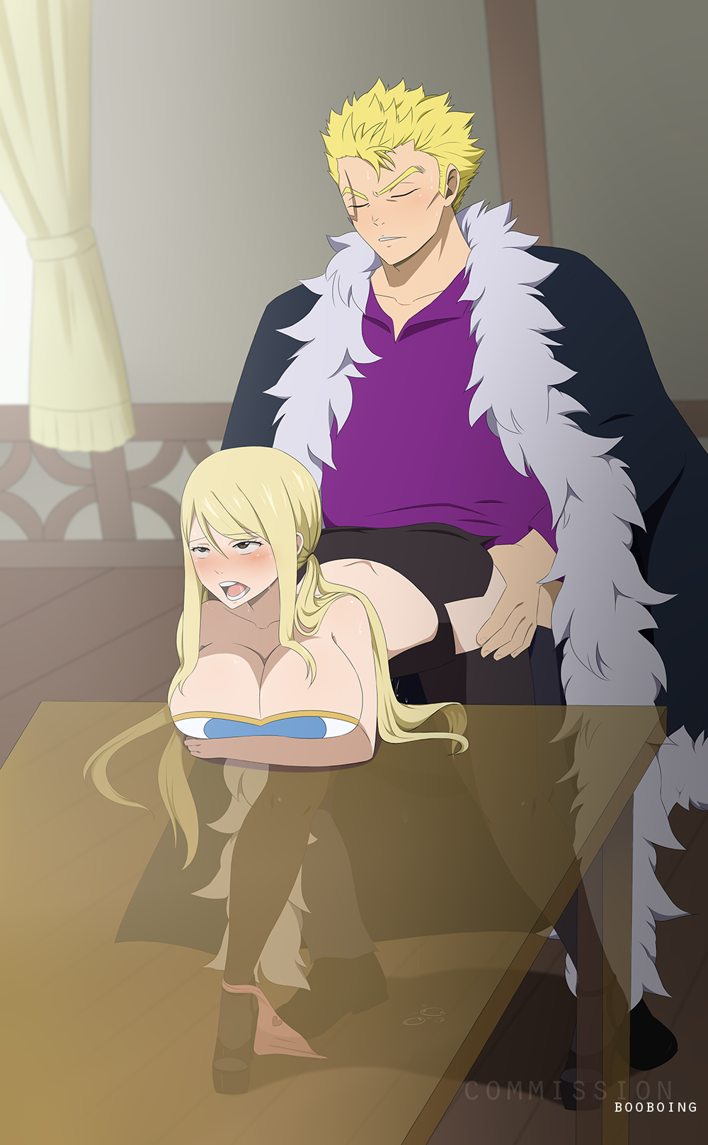 1boy 1girl big_breasts black_skirt booboing cleavage clothed_sex doggy_position fairy_tail from_behind from_behind_position indoors laxus_dreyar long_hair lucy_heartfilia male male/female miniskirt sex standing straight