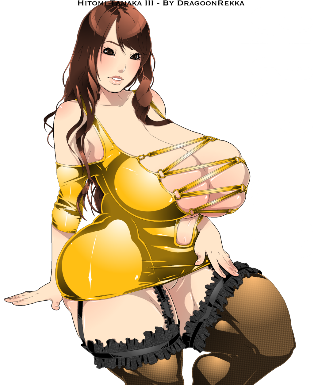 1girl artist_name big_breasts blush breasts brown_eyes brown_hair bust cleavage dragoonrekka eyelashes gigantic_breasts high_res hips hitomi_tanaka huge_breasts lingerie lips long_hair open_clothes pink_lips pornstar shiny_breasts shiny_hair shiny_skin simple_background smile stockings thick_legs thick_thighs thighs transparent_background voluptuous wide_hips