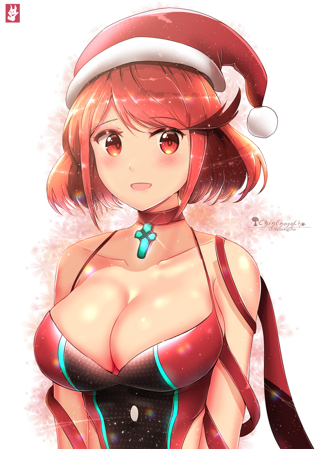 1girl alluring bare_shoulders blush breasts chinchongcha christmas cleavage grin hat high_res leotard looking_at_viewer milf nintendo pyra red_eyes red_hair santa_hat shiny_skin smile standing upper_body xenoblade_(series) xenoblade_chronicles_2