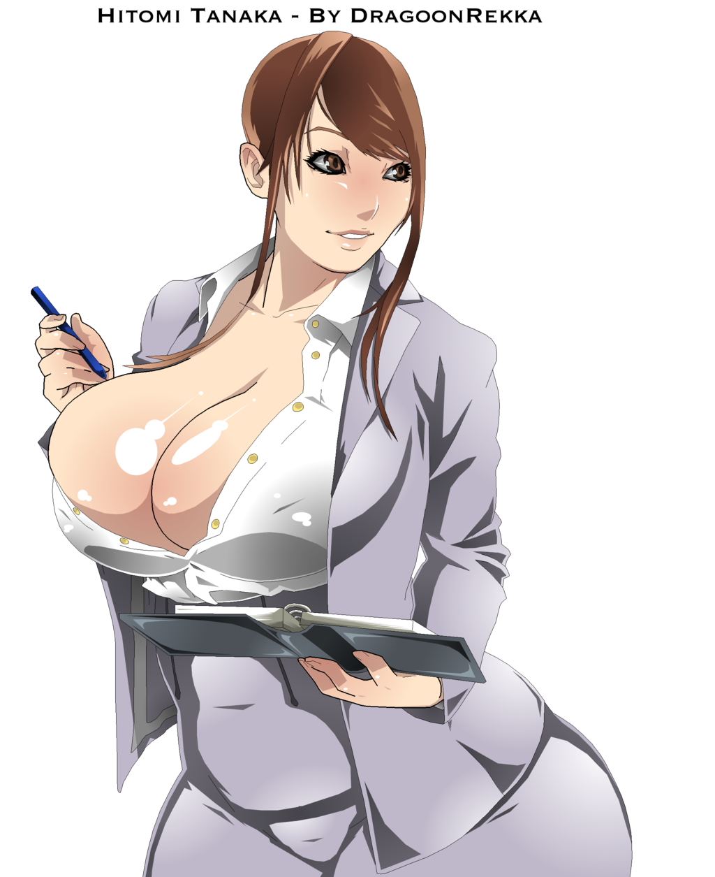 1girl artist_name big_breasts blush breasts brown_eyes brown_hair business_suit business_woman bust cleavage dragoonrekka eyelashes gigantic_breasts high_res hips hitomi_tanaka huge_breasts lips long_hair no_bra open_clothes pink_lips pornstar shiny_breasts shiny_hair shiny_skin simple_background smile suit transparent_background voluptuous wide_hips