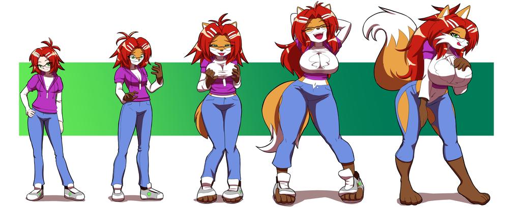 1girl age_progression anthro ass_expansion breast_expansion breast_grab female_only fox fox_ears fox_tail furry glasses kojiro-brushard long_hair oc original red_hair sequence solo solo_female torn_clothes wardrobe_malfunction wide_hips