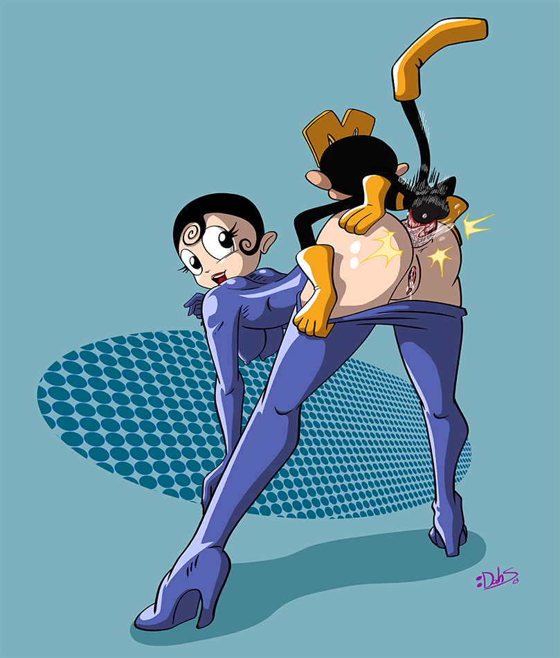 1boy 1girl agent_honeydew anal anthro anthro_on_human bent_over big_eyes black_hair bodysuit cum cum_in_ass cum_inside dahs dexter's_laboratory dial_m_for_monkey doggy_position from_behind lipstick monkey monkey_(dial_m_for_monkey) open_mouth pussy pussy_juice size_difference speed_lines