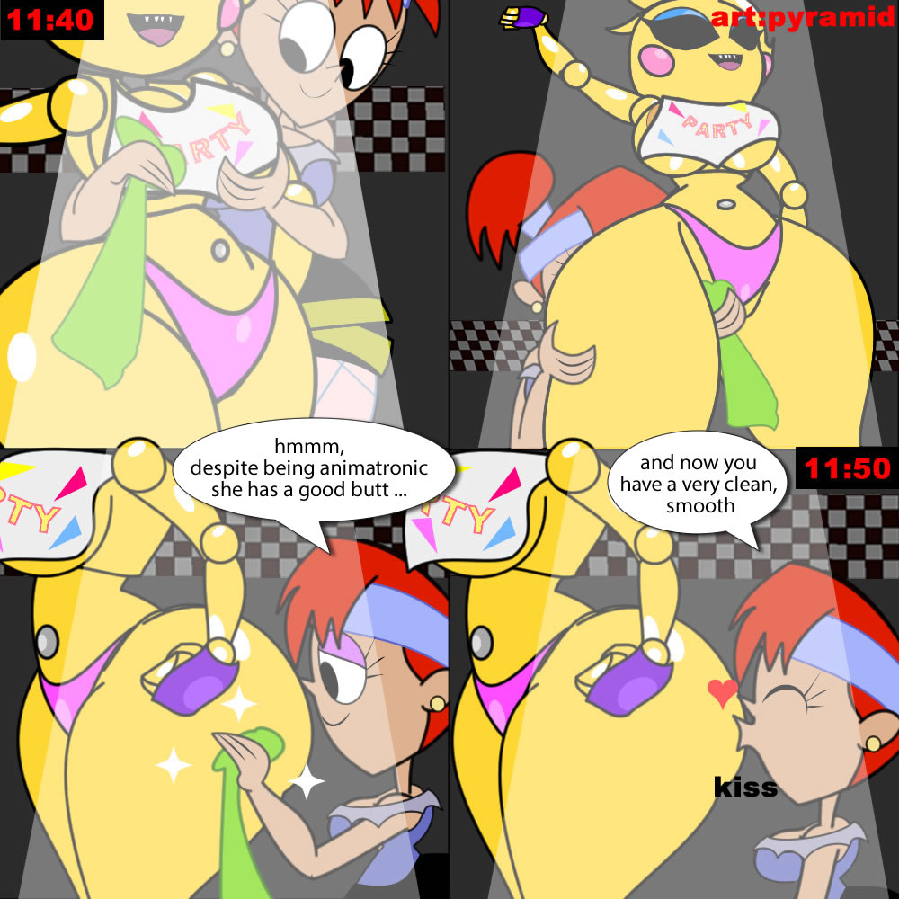 2_girls animatronic breasts cleaning_lady comic dexter's_laboratory dexter's_mom dialogue fat_ass five_nights_at_freddy's_2 kissing_butt pyramid_(artist) touching_body toy_chica toy_chica_(eroticphobia) younger_female yuri