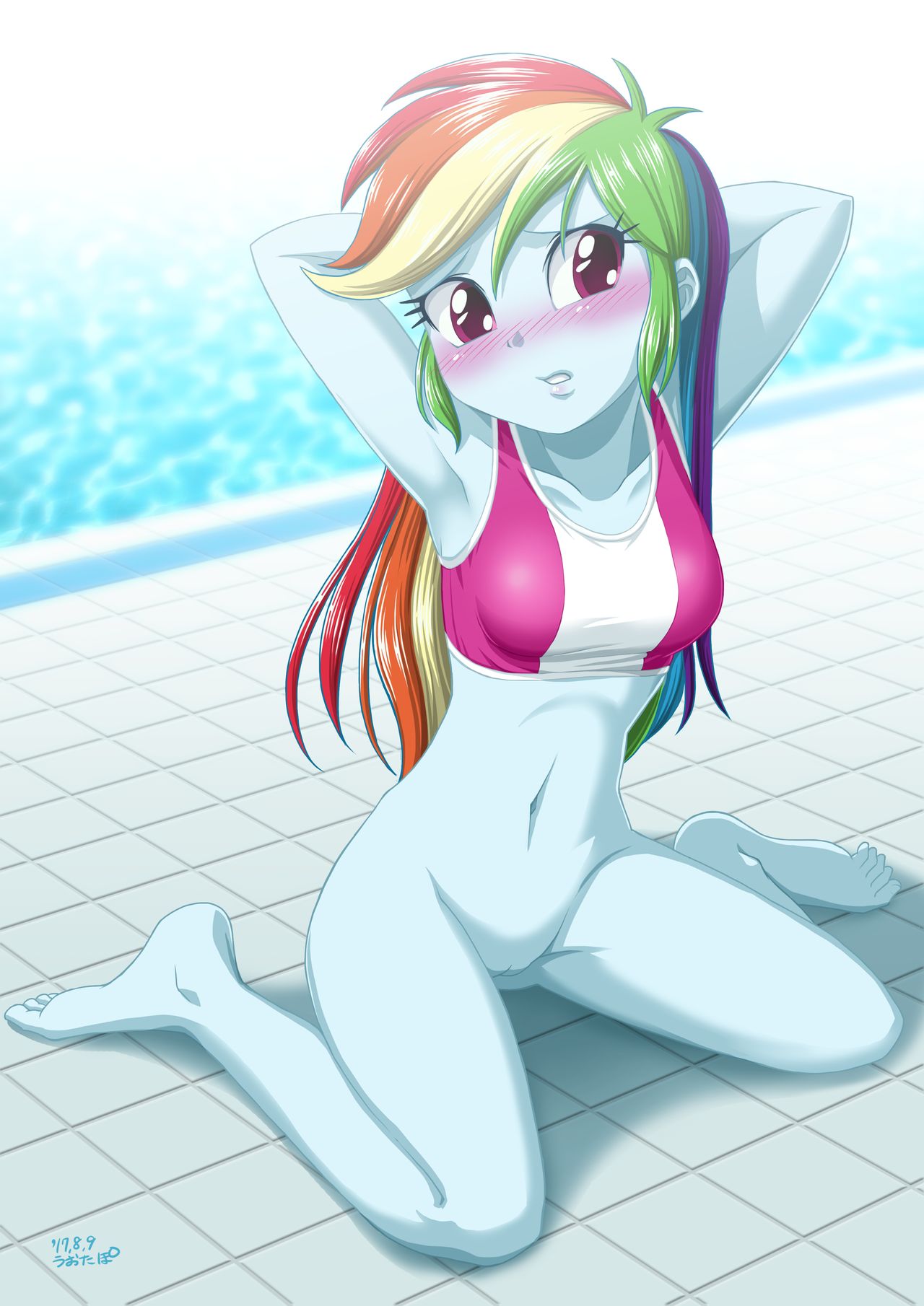 1girl armpit blush bottomless equestria_girls female female_only friendship_is_magic hairless_pussy hands_behind_head long_hair mostly_nude my_little_pony no_panties older older_female pussy rainbow_dash rainbow_dash_(mlp) rainbow_hair solo uotapo young_adult young_adult_female young_adult_woman