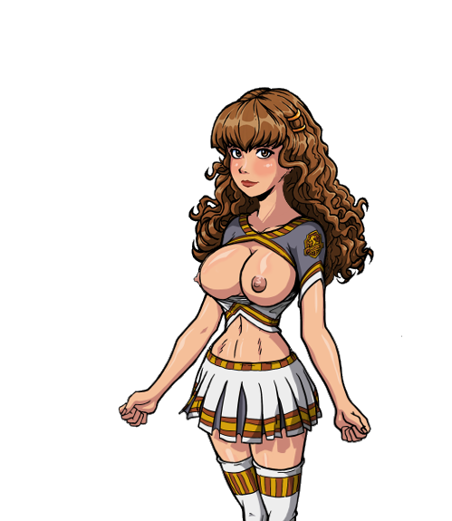 akabur breasts breasts_exposed breasts_out cheerleader_outfit gryffindor_house harry_potter hermione_granger hourglass_figure schoolgirl shirt_pulled_down transparent_background witch_trainer