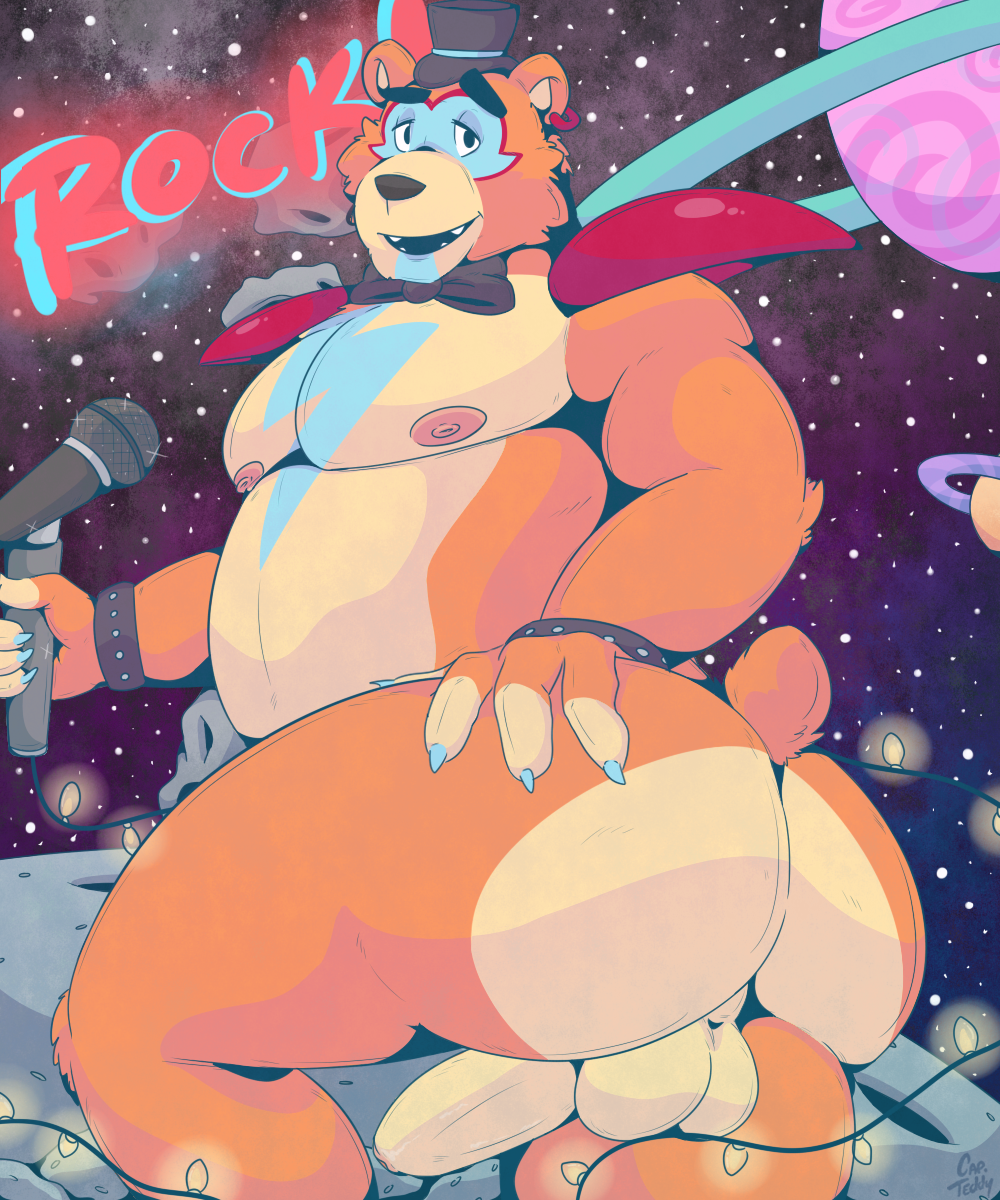 1boy 2020 4_fingers anthro anus ass asteroid balls blue_nails bow_tie bracelet claws clothing detailed_background digital_media_(artwork) ear_piercing english_text five_nights_at_freddy's five_nights_at_freddy's:_security_breach freddy_(fnaf) fur gay genitals glamrock_freddy_(fnaf) hat headgear headwear hi_res holding_object jewelry looking_at_viewer looking_back male mammal microphone mostly_nude multicolored_body muscular muscular_anthro muscular_male nipples open_mouth penis piercing planet presenting presenting_hindquarters smile solo solo_male space text thecaptainteddy top_hat ursid video_games