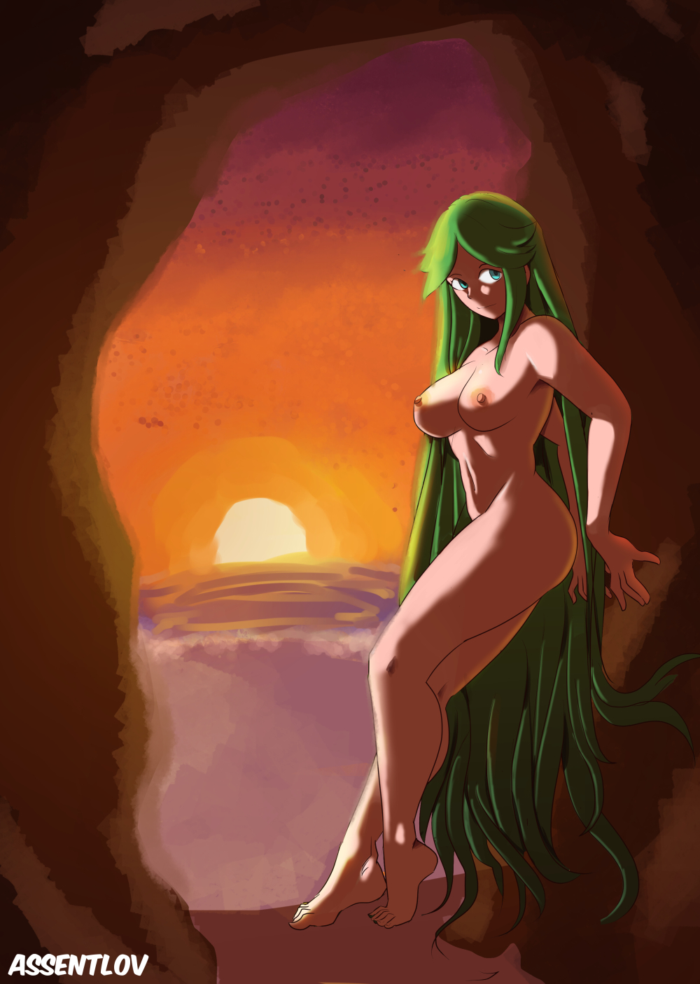 1girl alluring ass assentlov bangs beach big_breasts breasts cave clavicle completely_nude curvaceous evening feet goddess green_eyes green_hair hands_on_wall high_resolution hip_focus kid_icarus kid_icarus_uprising legs long_hair long_legs looking_at_viewer navel nintendo nude orange_sky outside palutena parted_bangs sand shade sky smile standing sunset swept_bangs tareme text_focus thick_thighs thighs toes very_long_hair watermark