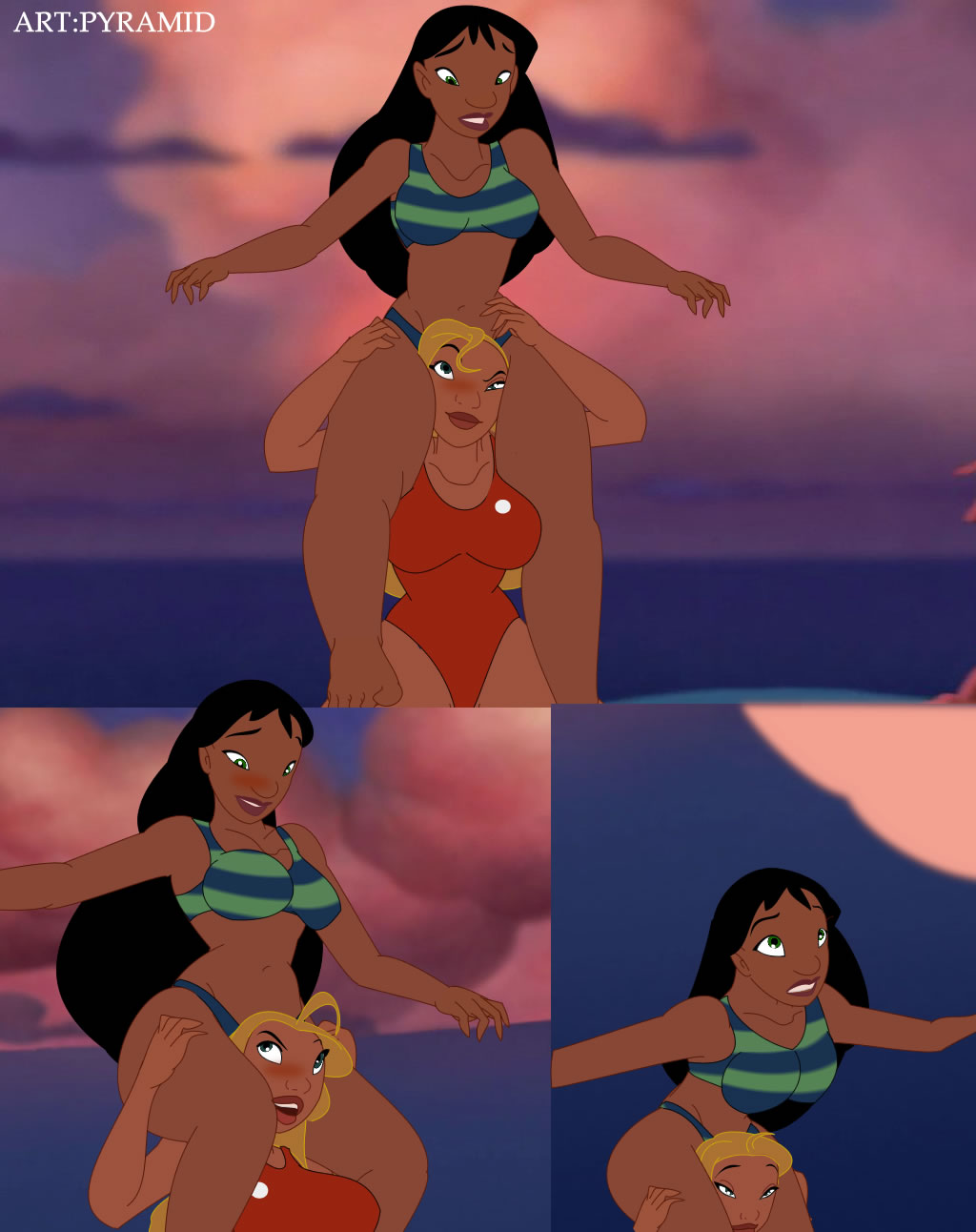 2_girls 2girls balance beach bikini breasts carrying carrying_over_shoulder legs_up lifeguard_(lilo_and_stitch) lilo_and_stitch looking_up nani_pelekai on_shoulders pyramid_(artist) sexy sitting_on_shoulders surfing surprise swinging_breasts yuri