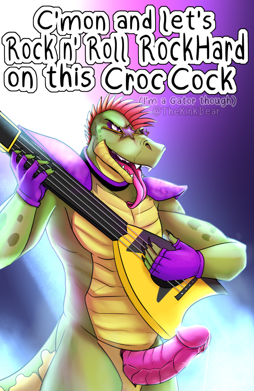 1boy 2020 5_fingers absurd_res alligator alligatorid anthro crocodile crocodilian dialogue english_text fingers five_nights_at_freddy's five_nights_at_freddy's:_security_breach gay genitals green_scales guitar hair half-closed_eyes hi_res long_tail long_tongue male male_only mohawk_(hairstyle) montgomery_gator_(fnaf) muscle muscular muscular_male musical_instrument open_mouth penis playing_guitar playing_music plucked_string_instrument presenting presenting_penis purple_eyes red_hair reptile saliva saliva_on_tongue scales scalie sharp_teeth slit solo star_glasses string string_instrument tail text thekinkybear tongue tongue_out video_games yaoi