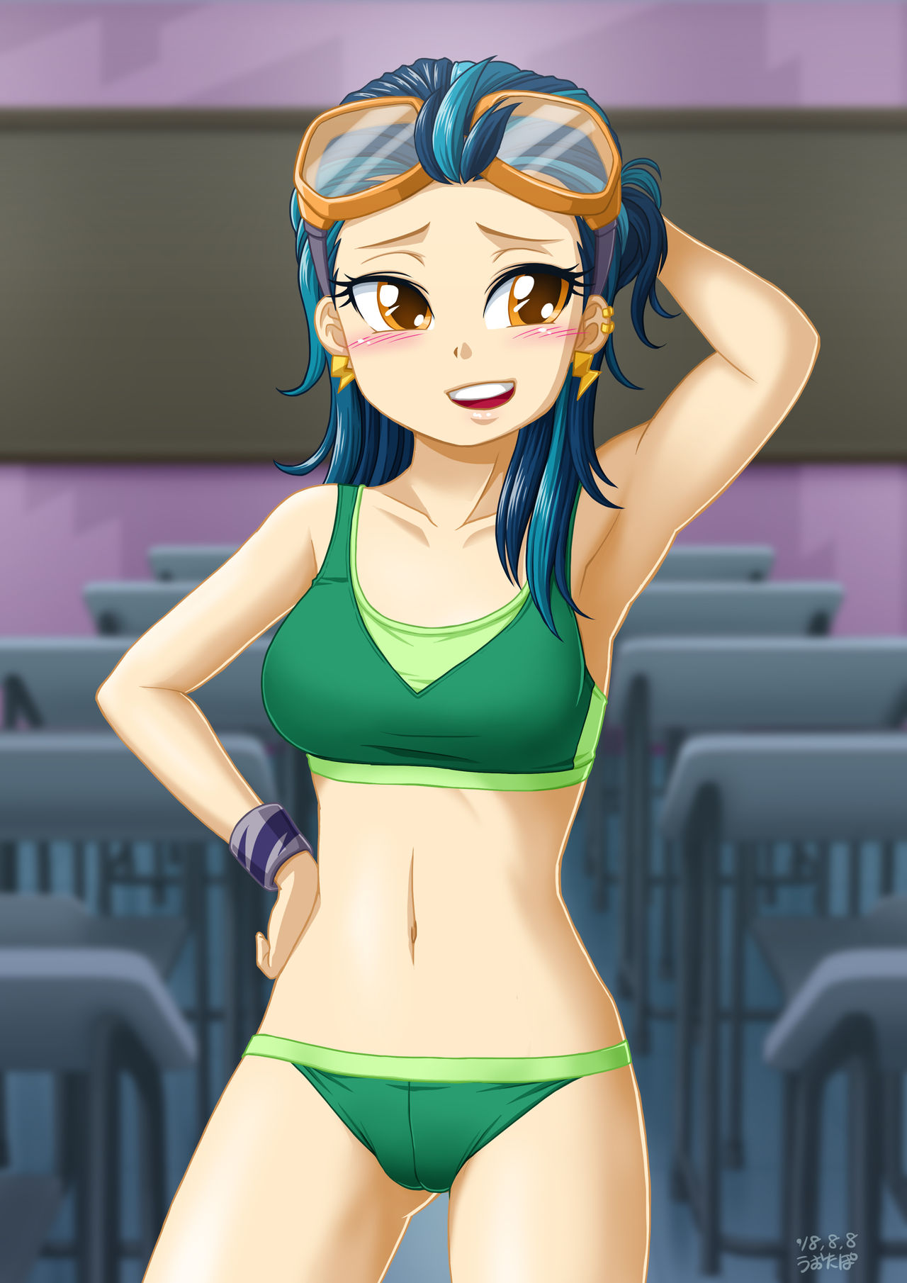 1girl blush bra breasts classroom earrings equestria_girls female female_only friendship_is_magic green_bra green_panties hand_behind_head indigo_zap indoors mostly_nude my_little_pony panties solo standing uotapo