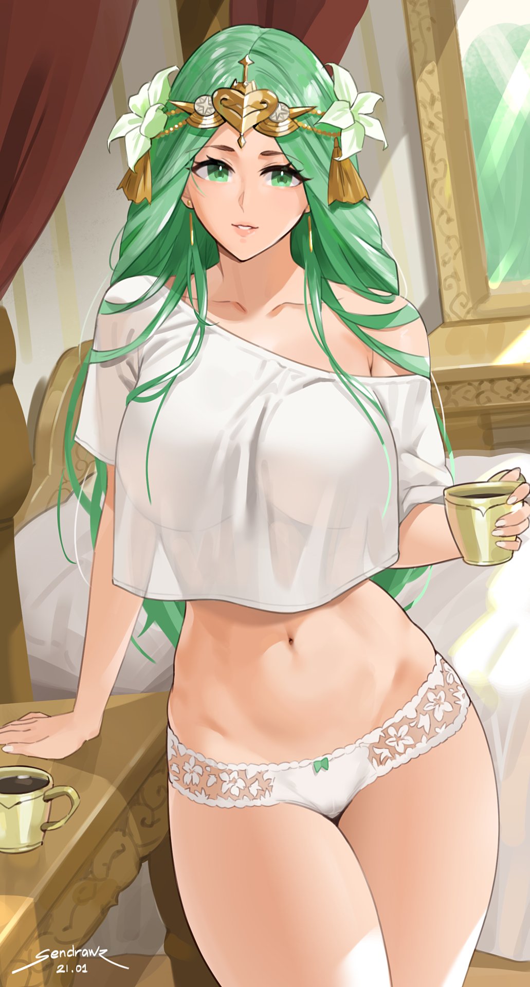 1girl arm_support bare_shoulders bed big_breasts breasts circlet crop_top cup curtains earrings female_only fire_emblem fire_emblem:_three_houses flower green_eyes green_hair hair_flower hair_ornament high_res holding holding_cup jewelry lace long_hair nail_polish navel nintendo off_shoulder panties parted_lips pillow rhea_(fire_emblem) see-through sendrawz shirt short_sleeves solo_female standing stomach table thick_thighs thighs underwear white_nails white_panties white_shirt window